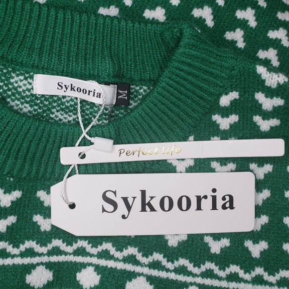 Sykooria Women's Green White Crew Neck Long Sleeve Ugly Holiday Sweater Medium - Picture 8 of 10